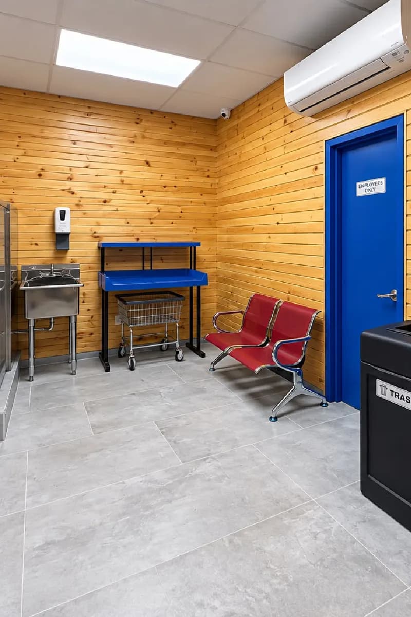Folding tables, laundry carts and a sink at the back of the store