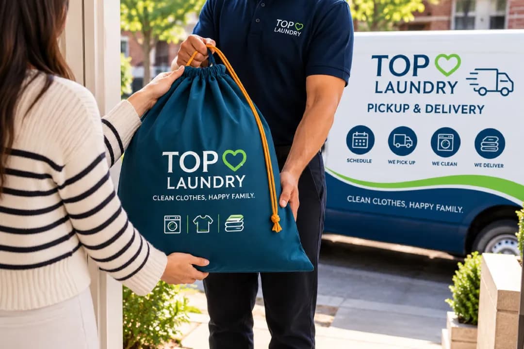 A customer receives her laundry in a TOP Laundry bag from a driver, in front of the Pickup & Delivery van